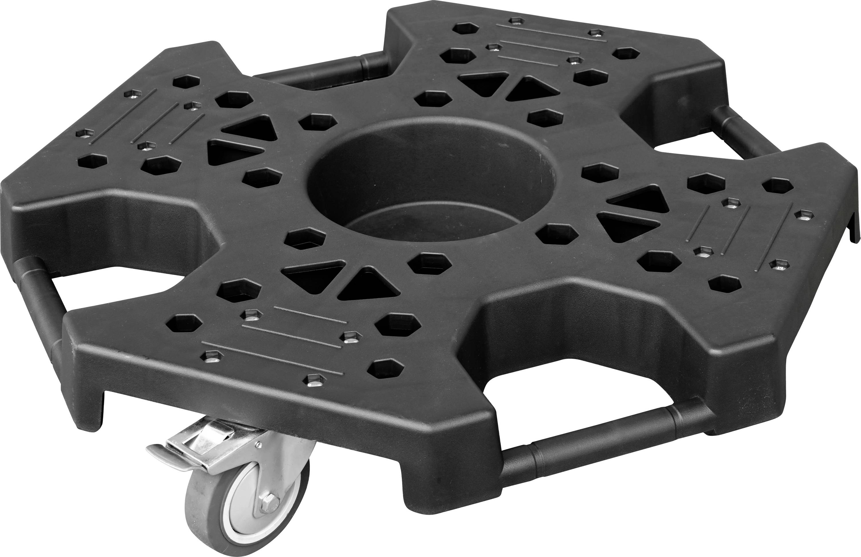Een zwarte, wielen dolly ontworpen voor het transporteren van zware items, met een stevig frame voorzien van meerdere uitgesneden handgrepen en een centrale, ronde opening.