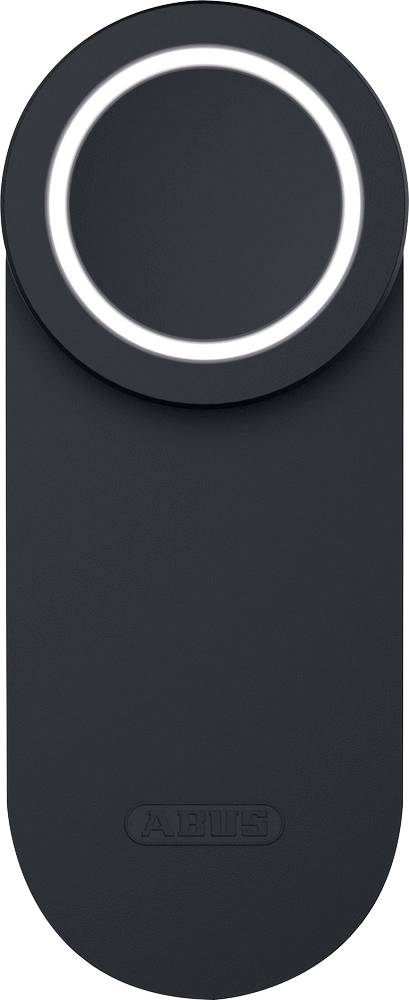 Een zwart, ovaal elektronisch apparaat met een circulaire witte LED-ring bovenop, met een subtiel 'ABUS' logo nabij de onderkant.
