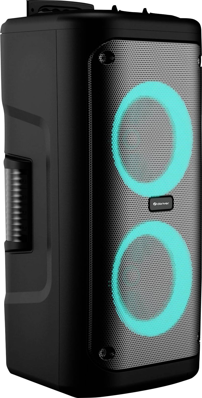 Een grote zwarte luidspreker met twee cirkelvormige roosters bedekte speakers, verlicht met blauw licht, voorzien van zijhandvatten voor draagbaarheid.