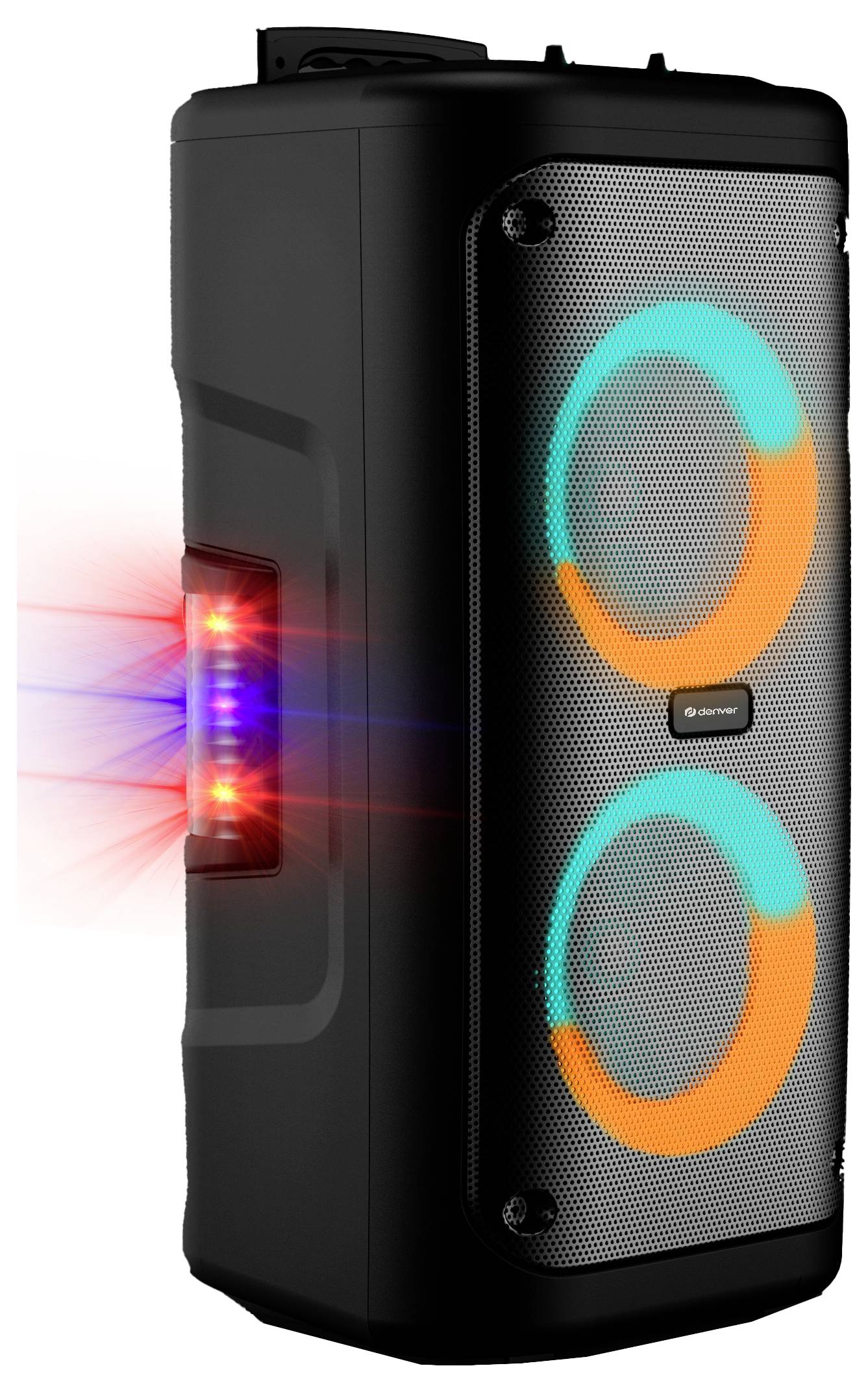 Een zwarte, rechthoekige speaker met twee grote, verlichte ronde lichten die blauwe en oranje kleuren uitzenden, en een gloeiend rode lamp aan de zijkant.