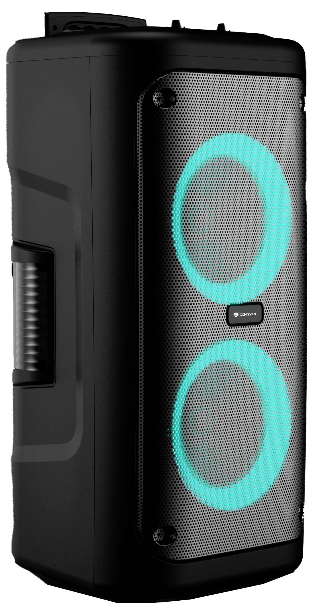 Hoge zwarte draagbare speaker met twee verlichte blauwe ringen aan de voorkant. Het ontwerp suggereert een focus op hoogwaardige audio en visuele aantrekkingskracht.