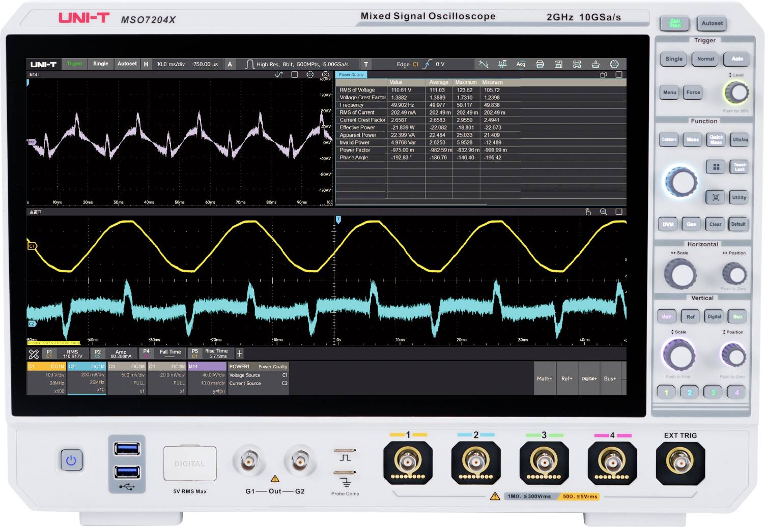 'UNI-T MS07204X Mixed Signal Oscilloscope-display met meerdere golfvorm signalen, frequentiegegevens en verschillende bedieningsknoppen aan de rechterkant.'
