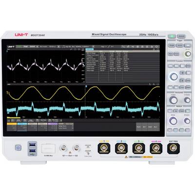 'UNI-T MS07204X Mixed Signal Oscilloscope-display met meerdere golfvorm signalen, frequentiegegevens en verschillende bedieningsknoppen aan de rechterkant.'
