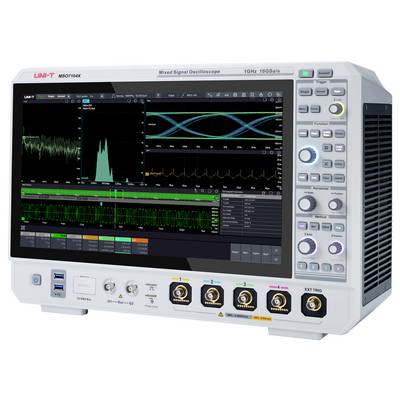 Oscilloscoop met golfvormen op het scherm, voorzien van bedieningsknoppen en draaiknoppen. Gebruikt voor het analyseren van elektronische signalen in testomgevingen.
