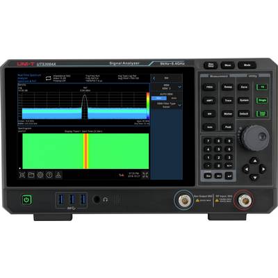 Een signaalanalyzer met een kleurendisplay toont een spectrale analysegrafiek met frequentiepieken. Bedieningsknoppen bevinden zich aan de rechterkant.