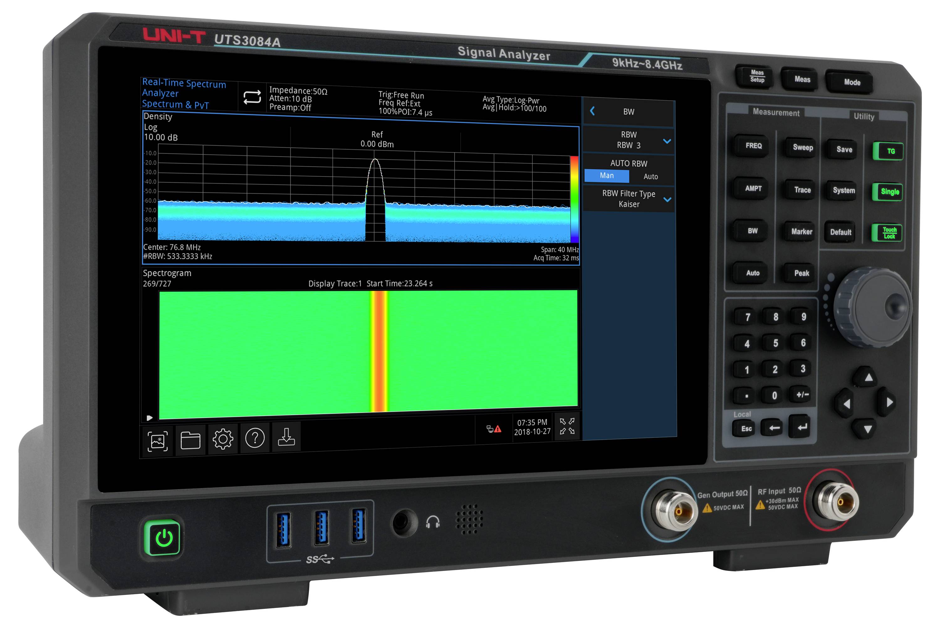 Signaalanalyzer-apparaat met digitaal display dat frequentieanalyse toont, bedieningsknoppen, en het merknaam 'UNI-T' zichtbaar.