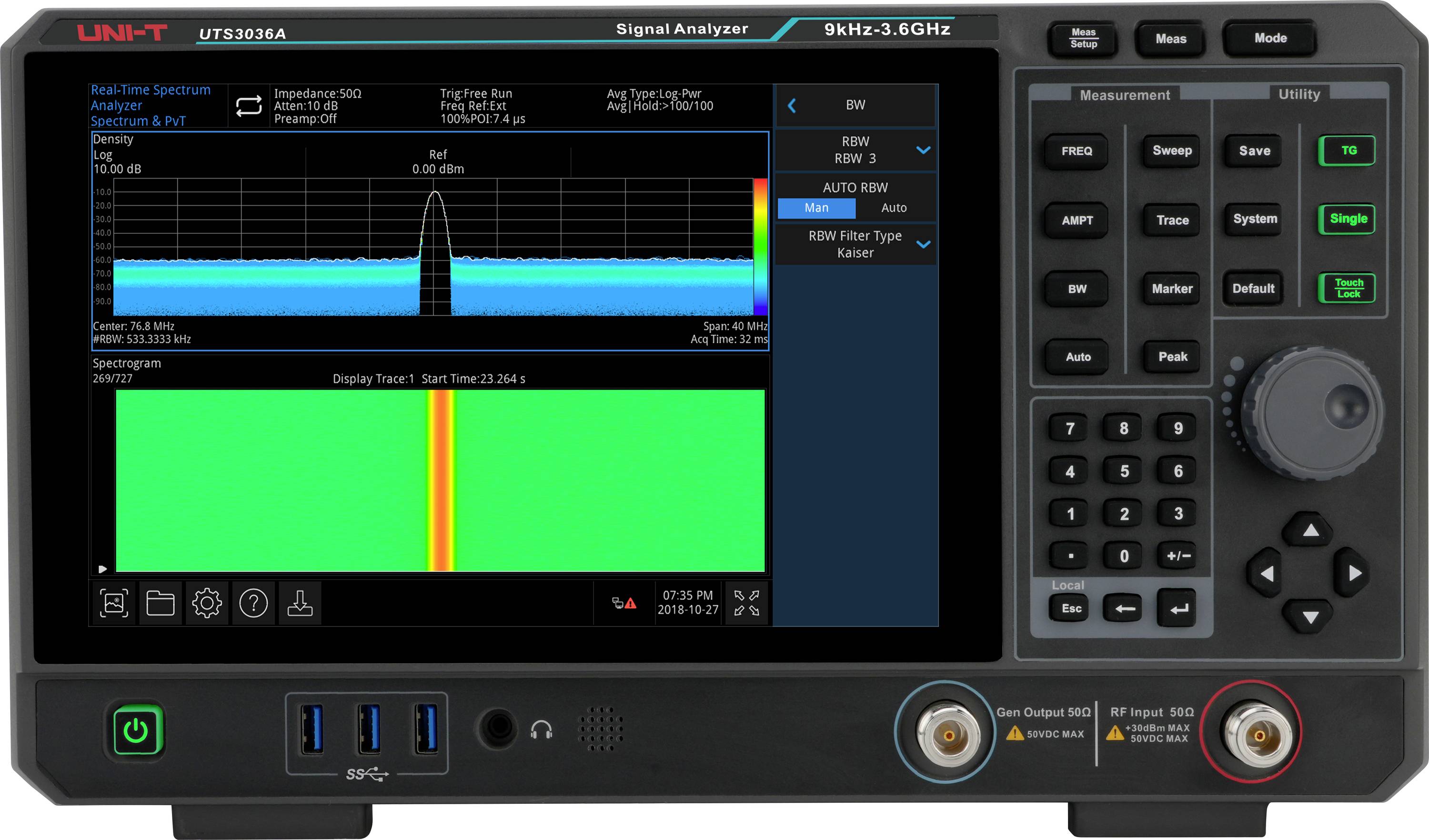 Een signaalanalyzer met een kleurrijke spectrum-weergave toont frequentiepieken. Bedieningsknoppen en poorten zijn zichtbaar op het zijpaneel.