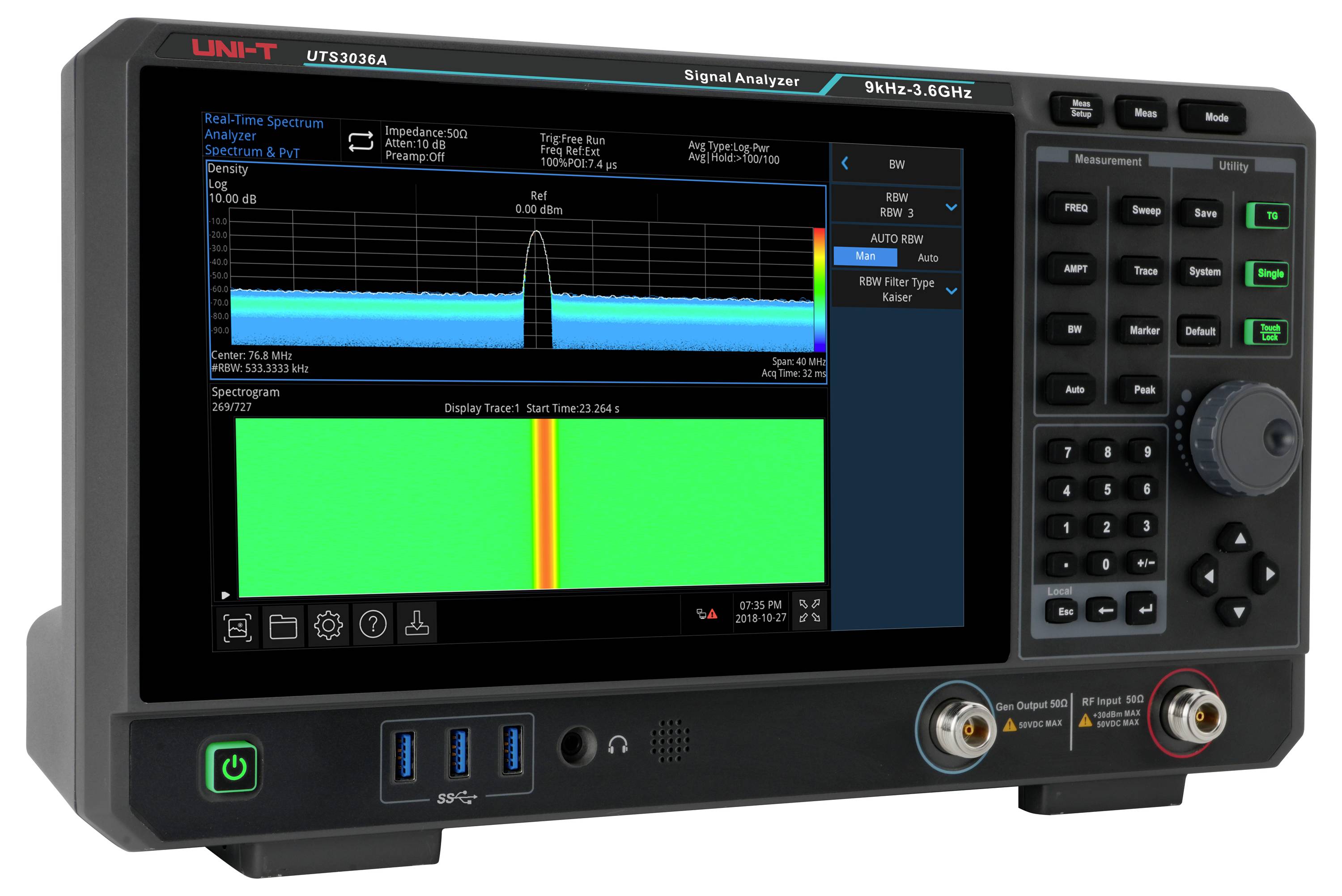 Signaalanalyzer die een multitoon-spectrum en spectrogramma weergeeft. Scherm toont frequentieanalyse met bedieningselementen en poorten aan de zijkant.
