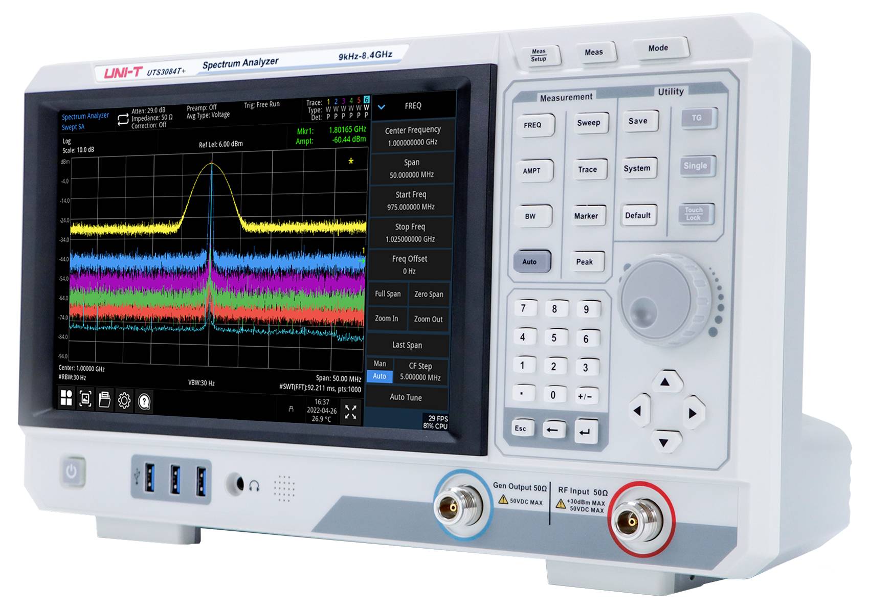 'Spectrum-analyzer met een digitaal display dat verschillende frequentiegolven toont, bedieningsknoppen en invoer-/uitvoerpoorten op het frontpaneel.'