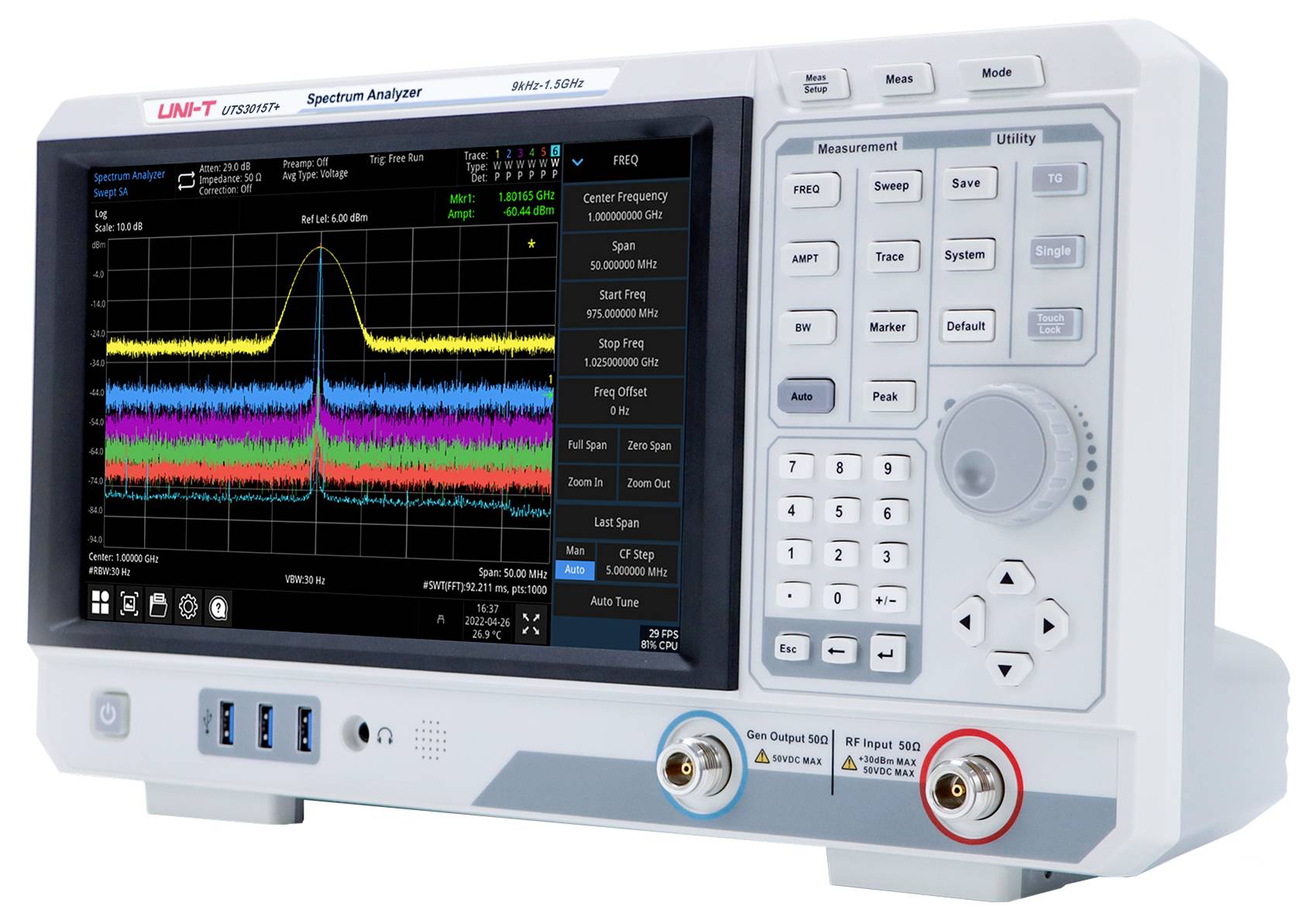 Spectrum analyzer die frequentiespectrum weergeeft met meerdere gekleurde golffasen, verschillende bedieningsknoppen voor meetaanpassingen.