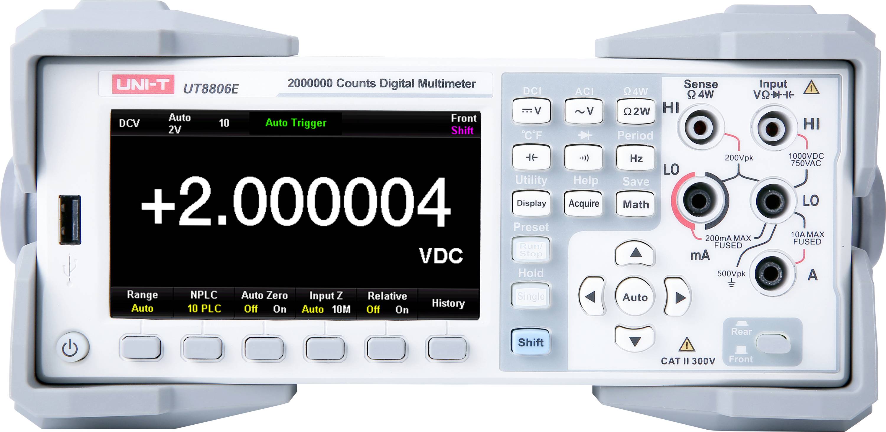 'UNI-T UT8806E Digitale Multimeter' met '+2.000004 VDC' weergegeven op het scherm. Kenmerken omvatten verschillende modusknoppen en invoerterminals.