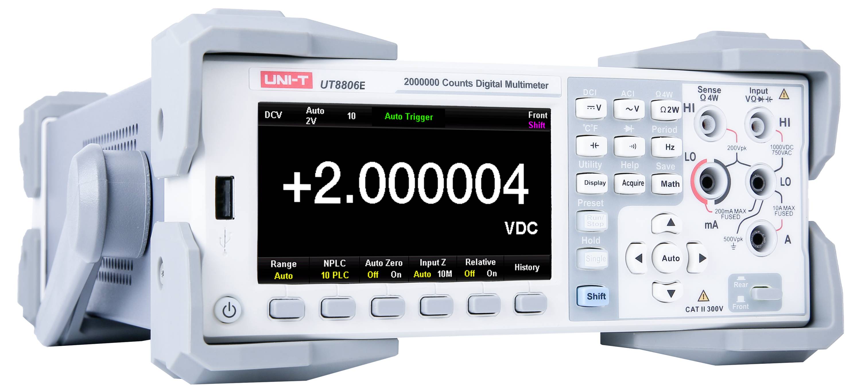 Een digitale multimeter die een aflezing van '+2.000004 VDC' op zijn scherm weergeeft. Het apparaat heeft talrijke knoppen en een draaiknop.