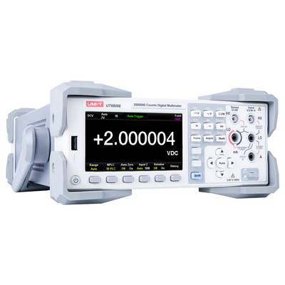 Een digitale multimeter die een aflezing van '+2.000004 VDC' op zijn scherm weergeeft. Het apparaat heeft talrijke knoppen en een draaiknop.