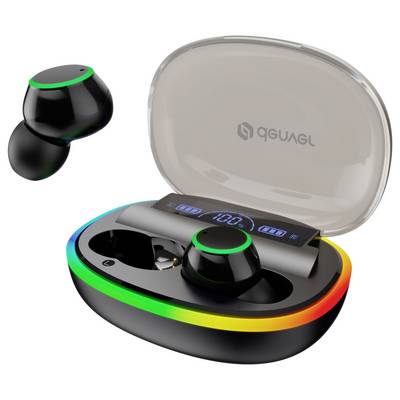 Draadloze oordopjes in een oplaadcase met een digitaal display dat het batterijpercentage toont. LED-verlichting omringt de case en zorgt voor een kleurrijk accent.