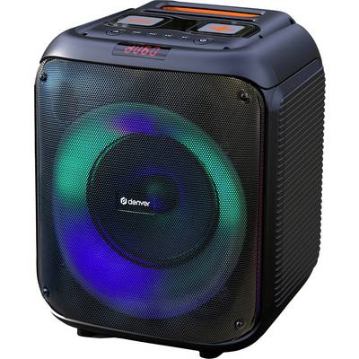 Een draagbare speaker met een digitaal display aan de bovenkant, voorzien van grote bedieningsknoppen. De speaker zendt gekleurde LED-lichten uit die zichtbaar zijn door het gaas.