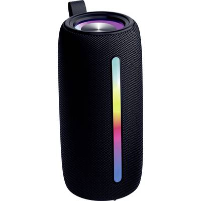 Een zwarte cilindrische Bluetooth-speaker met een verticale strook van kleurrijke LED-lampjes aan de voorkant, die een spectrum van roze tot blauw vertoont.