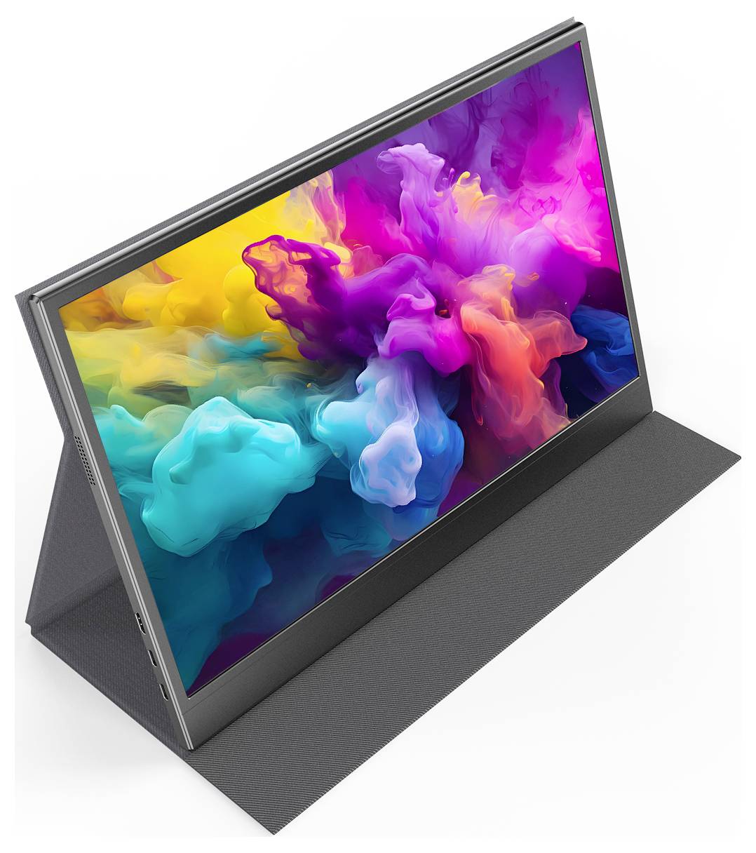 'Een strakke draagbare monitor met een kleurrijk abstract beeldscherm, geplaatst op een donkere standaard.'