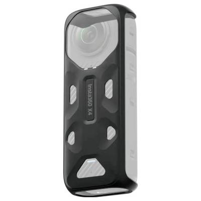 Een compacte zwarte actiecamera met een lens aan één kant en de tekst 'Insta360 X4' zichtbaar op de voorkant.