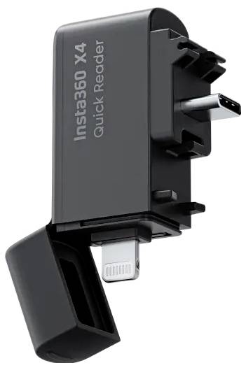 Een zwarte Insta360 X4 Quick Reader-apparaat met meerdere poorten voor gegevensoverdracht en connectiviteit, inclusief USB- en Lightning-aansluitingen.