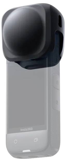 Een zwarte Insta360 cameralens-afdekking past strak over de lenzen van de camera en biedt bescherming.