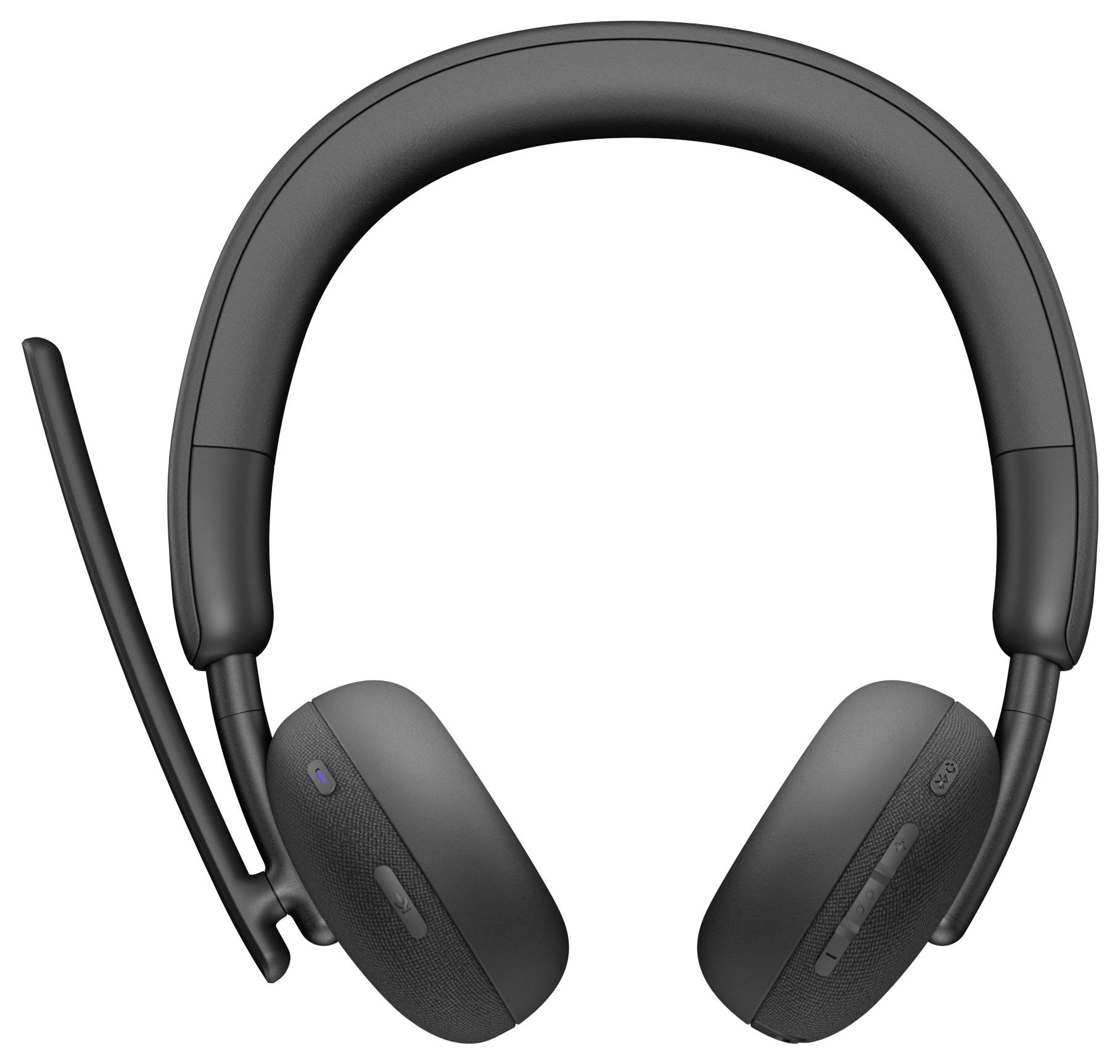 Zwarte over-ear hoofdtelefoon met een microfoon aan de linkerzijde, ontworpen voor comfort en heldere audiocommunicatie.