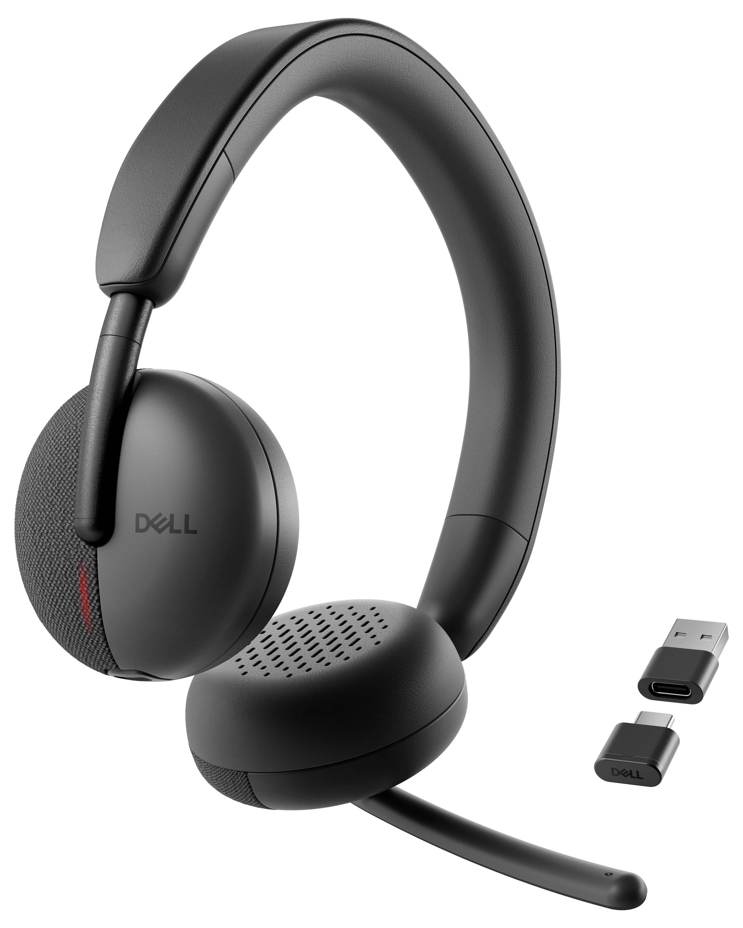 Zwarte, over-ear Dell draadloze headset met microfoon en twee USB-aansluitingen op een witte achtergrond.