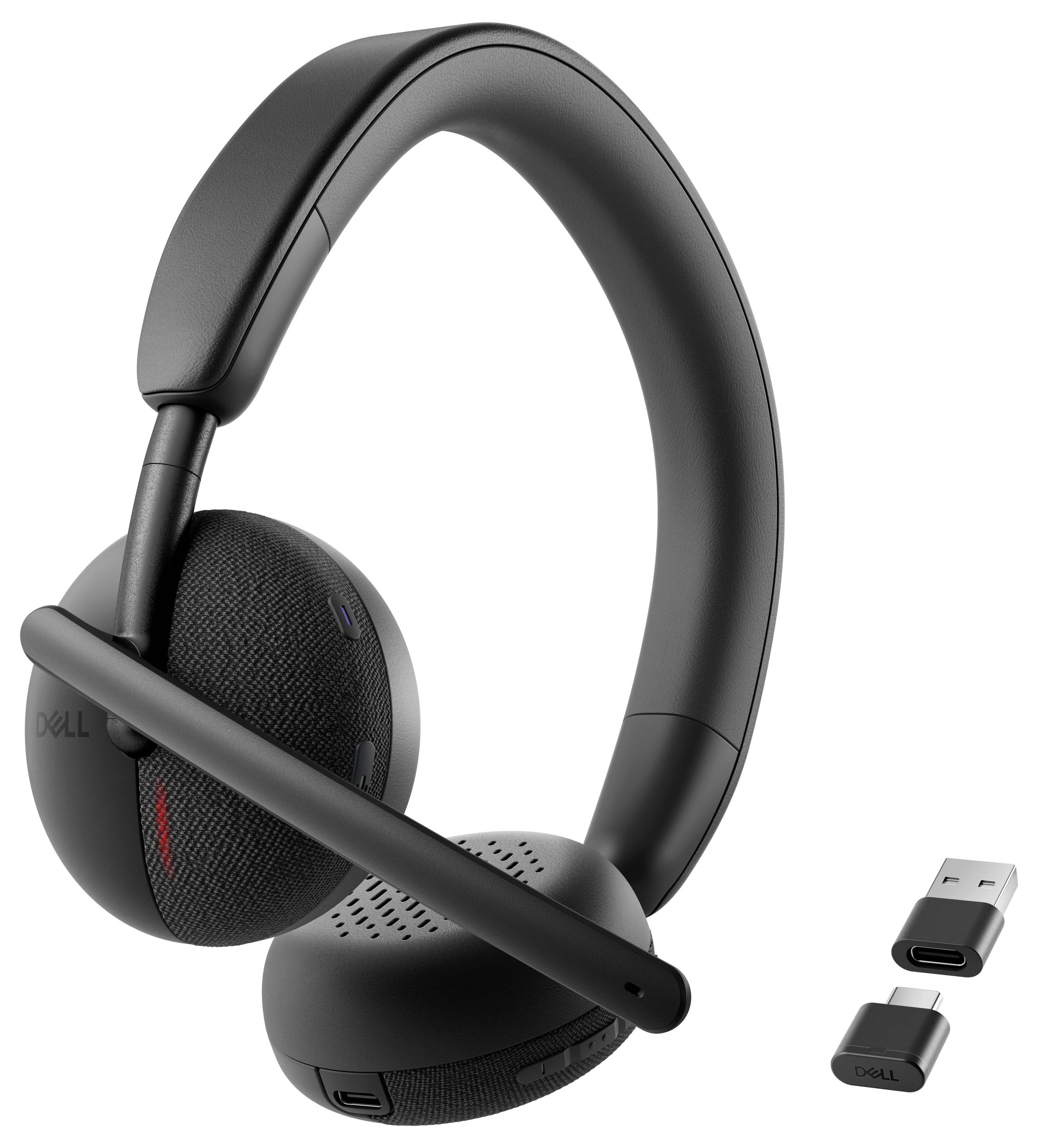 Een zwarte draadloze headset met een uitschuifbare microfoon wordt getoond naast twee USB-dongles, waarbij verschillende connectiviteitsopties worden gedemonstreerd.