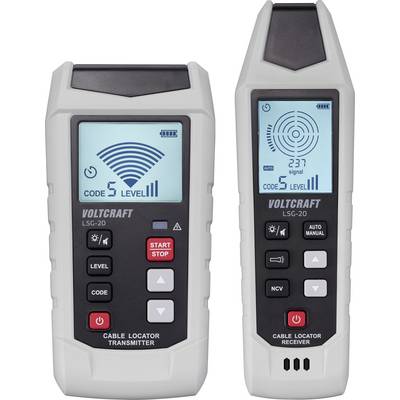 Twee kabelzoekeapparaten. Links: Een zender met een LCD-scherm dat een draadloos pictogram, 'CODE 5 LEVEL 1' en bedieningsknoppen toont. Rechts: Een ontvanger met LCD-scherm waarop '237 signal' en 'CODE 5 LEVEL 2' staat, met knoppen eronder.