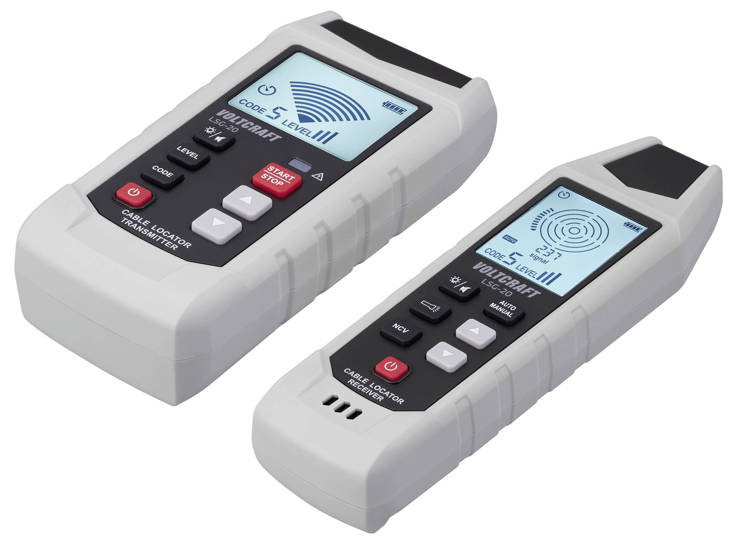 Twee elektronische apparaten met displays, knoppen en indicatoren, gebruikt voor kabellocatie en signaaldetectie, met weergave van 'CODE 5' en signaalniveaus.