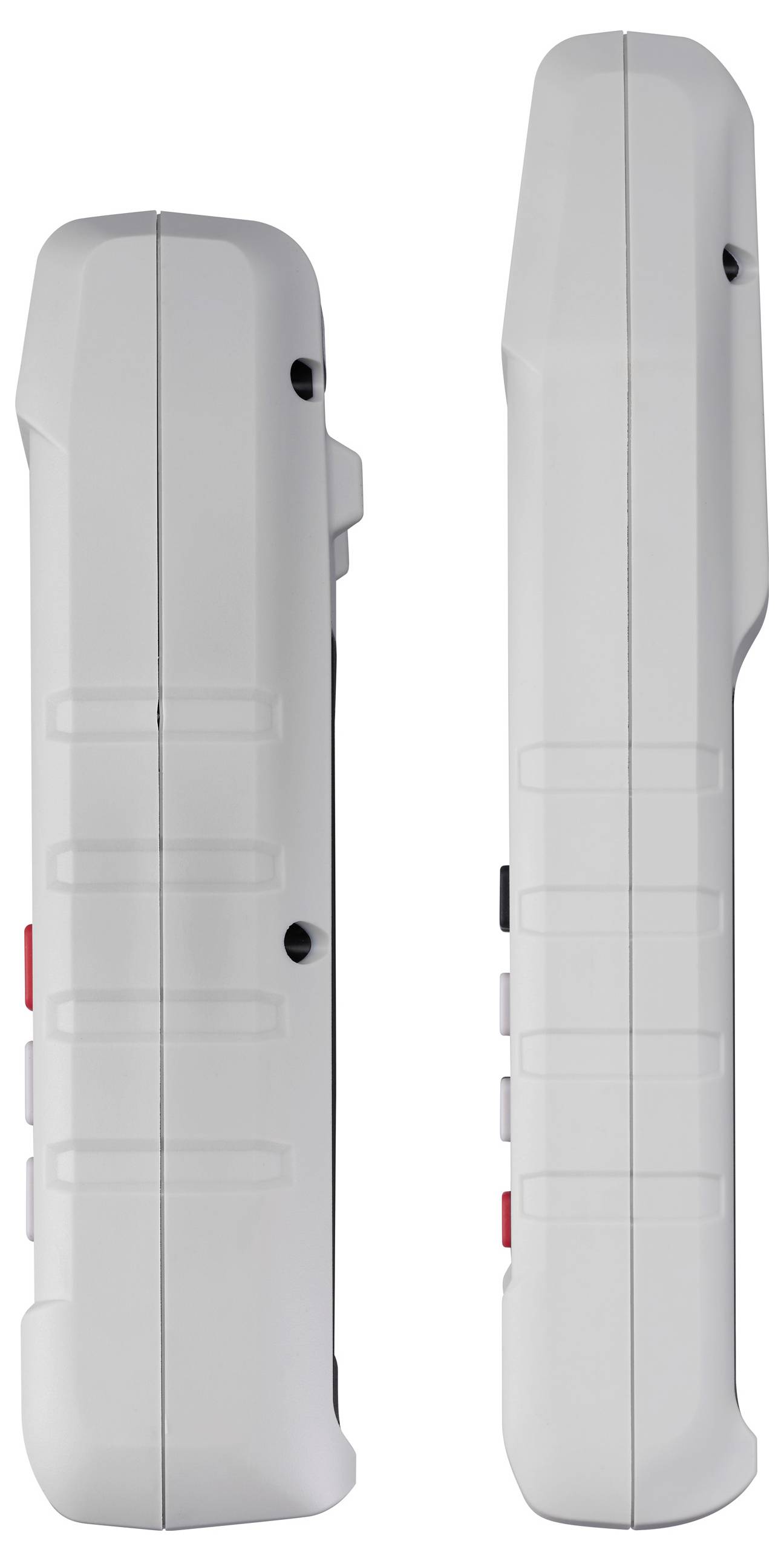 Zijkant van een wit handheld apparaat met knoppen en een gestroomlijnde vorm, met één apparaat naar links gericht en de ander naar rechts.