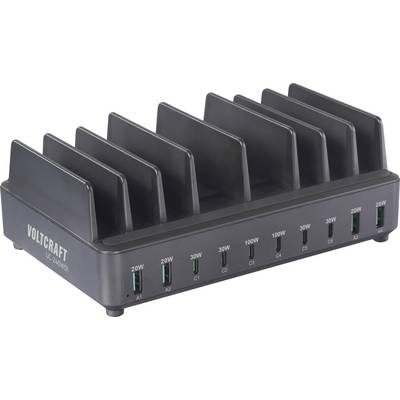 Een zwarte Voltcraft laadstation met meerdere USB-poorten, gelabeld van A1 tot C5. Elke poort geeft een vermogensbeoordeling aan, variërend van 20W tot 100W.