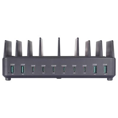 Een multi-poort laadstation met acht USB-poorten gelabeld van A1 tot C4, met verschillende vermogensuitgangen tussen 20W en 100W.