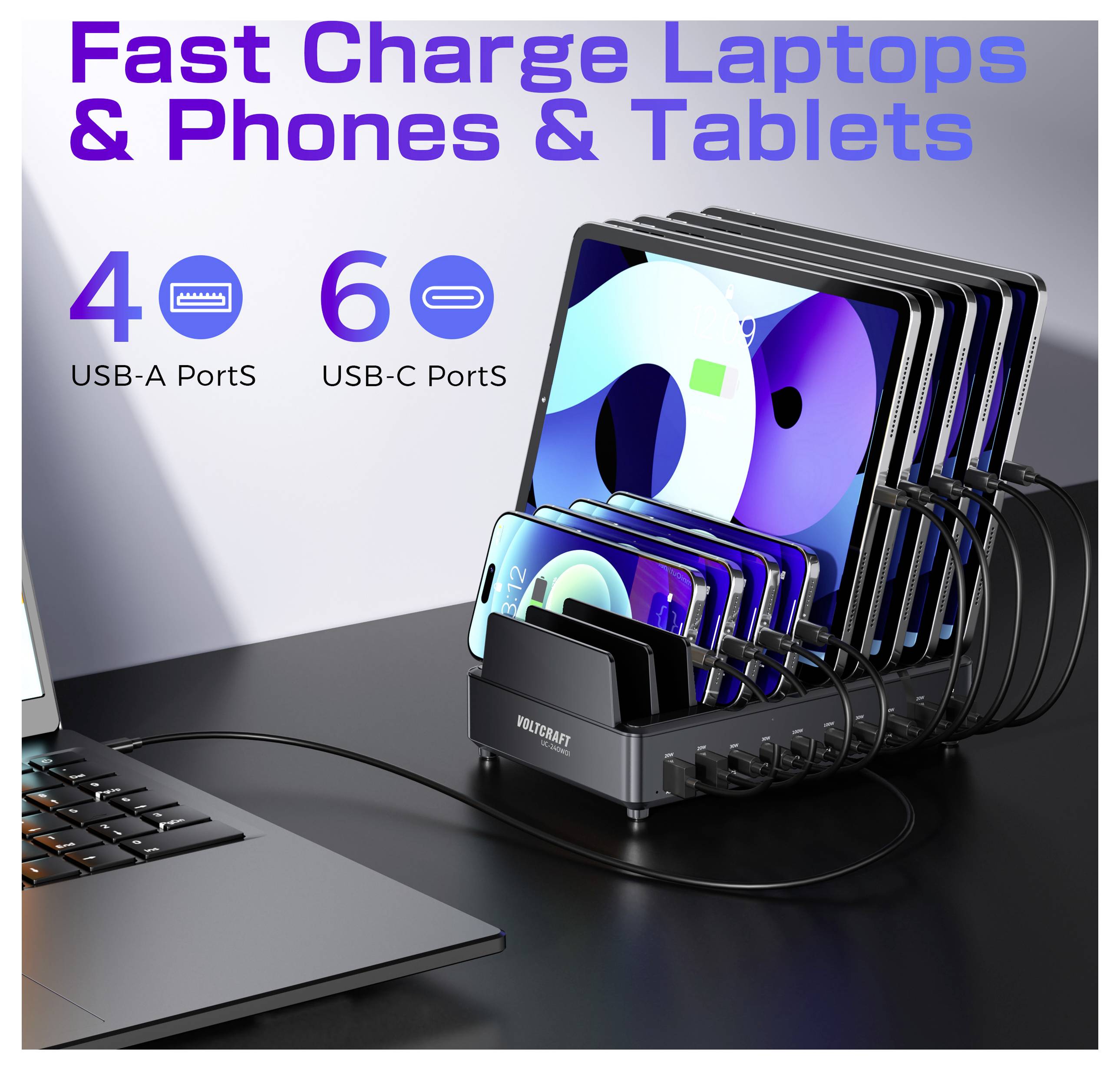 Een oplaadstation met meerdere apparaten, met de functie 'Snel Opladen voor Laptops & Telefoons & Tablets' met 4 USB-A en 6 USB-C poorten.