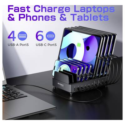 Een oplaadstation met meerdere apparaten, met de functie 'Snel Opladen voor Laptops & Telefoons & Tablets' met 4 USB-A en 6 USB-C poorten.