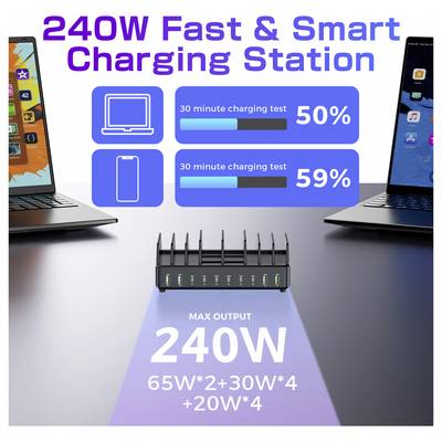 '240W Snelle & Slimme Oplaadstation' tussen twee laptops, met een vergelijking van oplaadpercentages: 50% en 59% in 30 minuten.