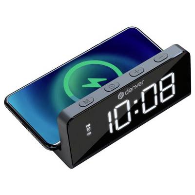 Digitale wekker met groot wit LED-display met '10:08', draadloos opladen van een smartphone bovenop; knoppen voor bediening.