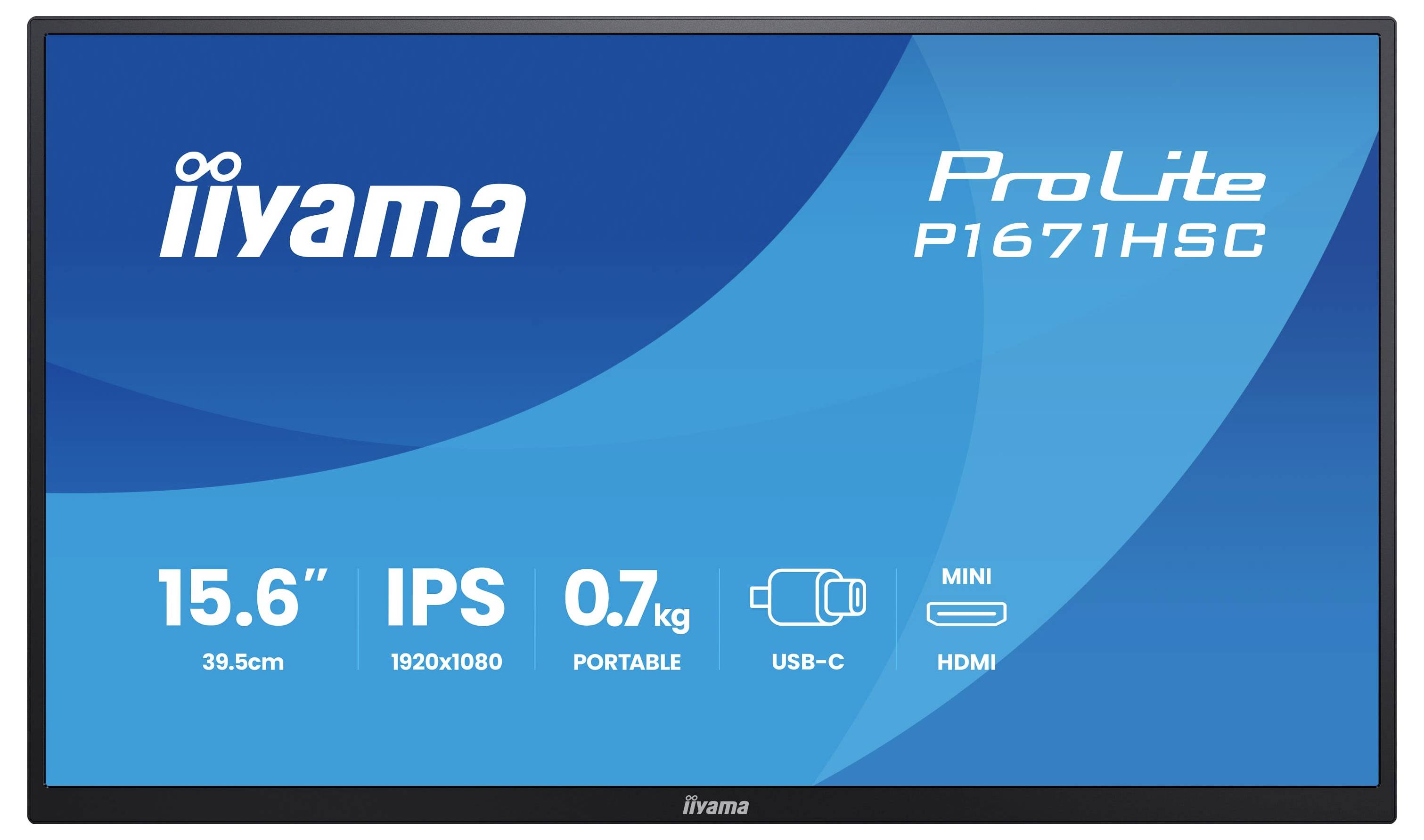 Iiyama ProLite P1671HSC monitor display met labels: 15,6" scherm, 1920x1080 resolutie, IPS, 0,7 kg, USB-C, mini HDMI, draagbaar ontwerp.
