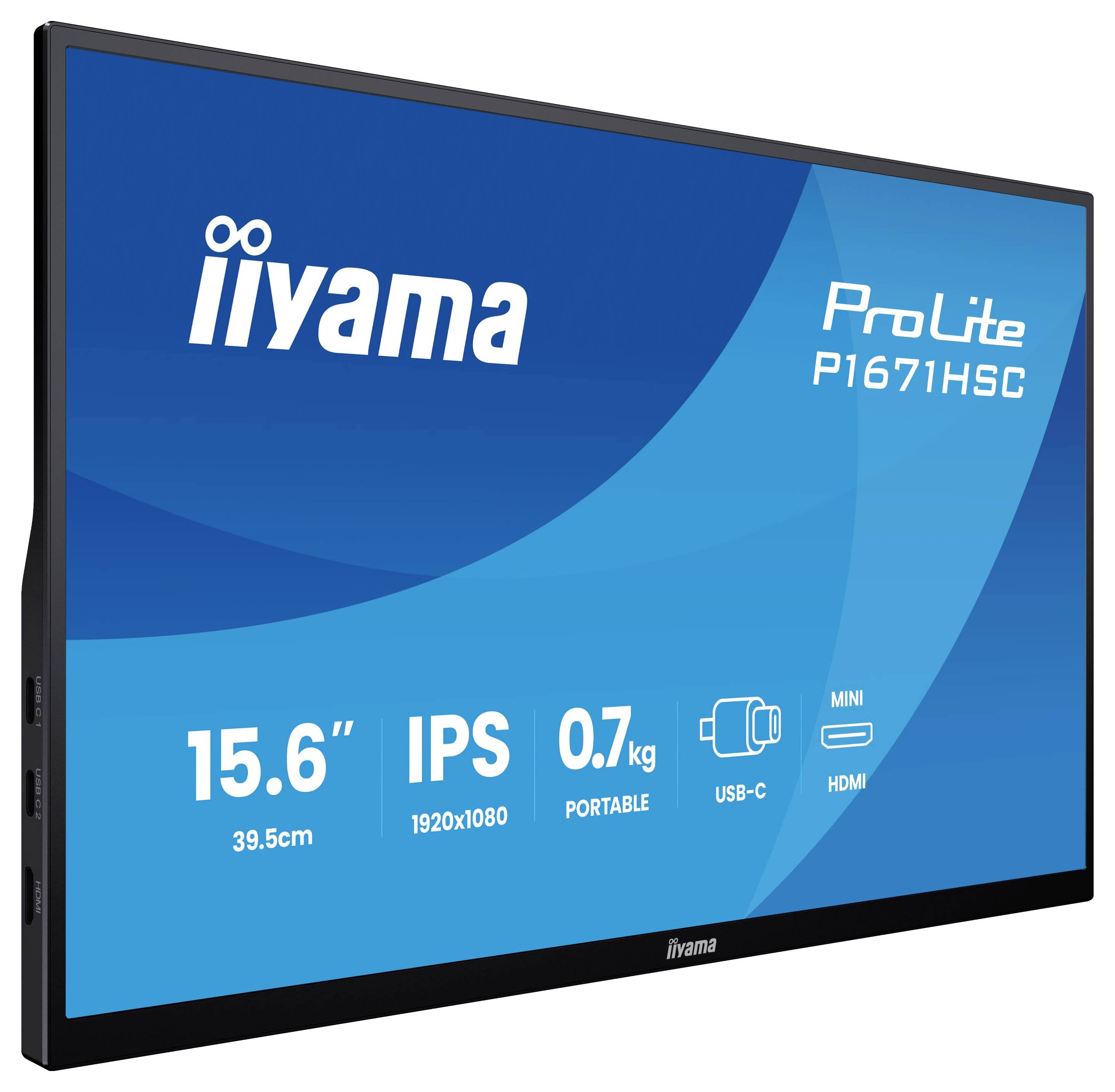 'Iiyama ProLite P1671HSC' monitor, 15,6-inch, IPS, 1920x1080 resolutie, 0,7 kg, draagbaar, met USB-C en mini HDMI-poorten.