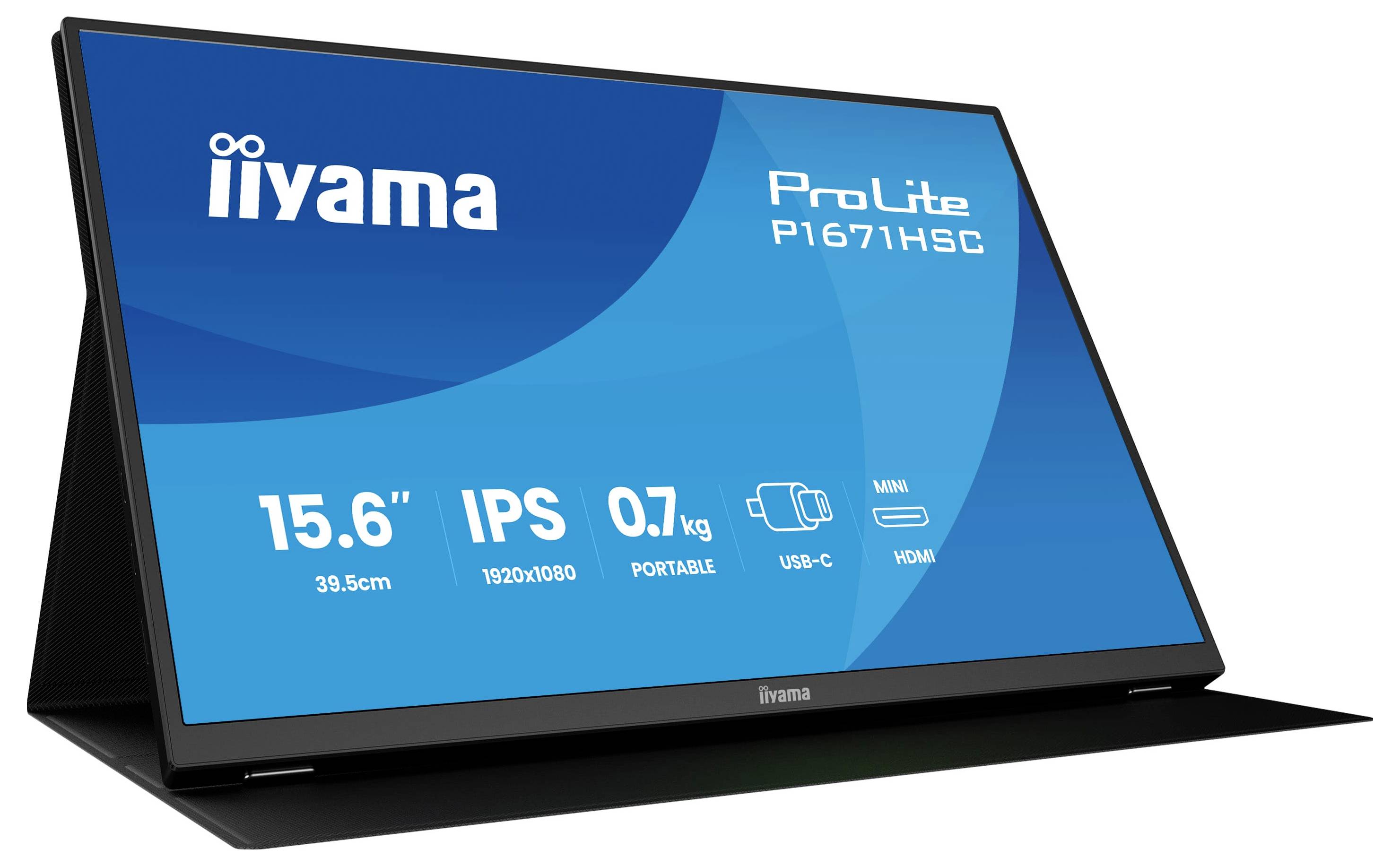 'Iiyama ProLite P1671HSC', een draagbare 15,6-inch IPS-monitor met een resolutie van 1920x1080, weegt 0,7 kg en beschikt over USB-C en HDMI-poorten.