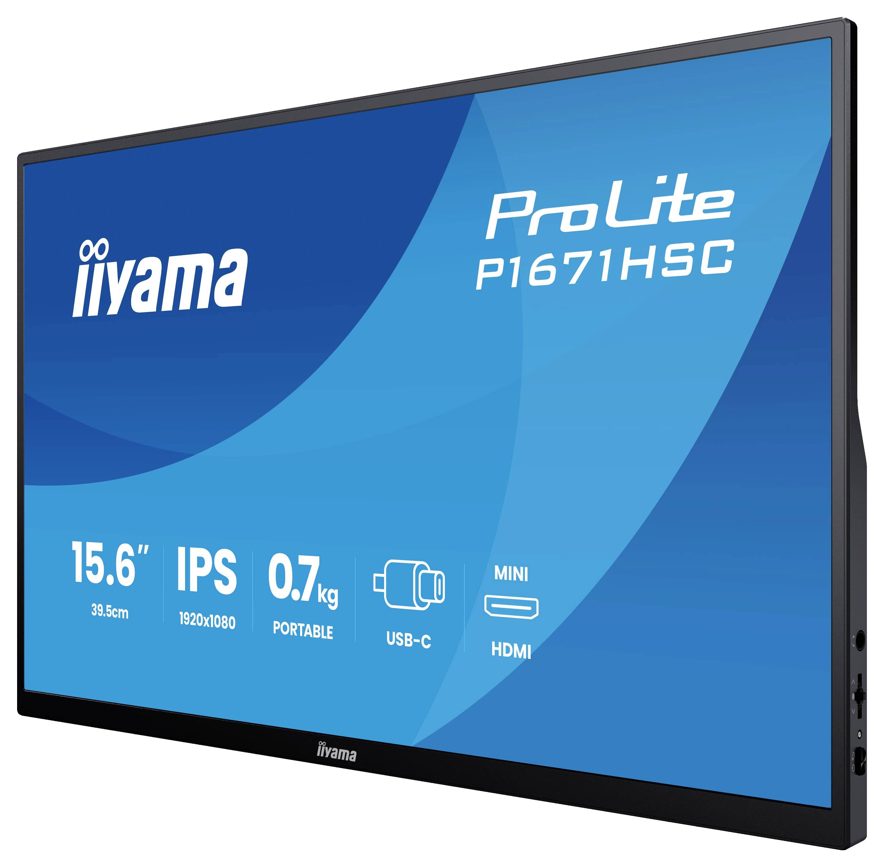 'iiyama ProLite P1671HSC' monitor, 15,6 inch, 1920x1080 resolutie, IPS, lichtgewicht 0,7 kg, draagbaar, met USB-C en HDMI-aansluiting.