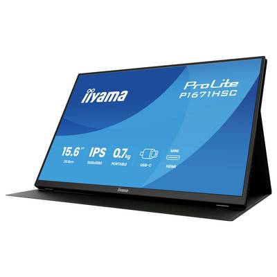 Draagbare monitor met een 15,6-inch IPS-display, gelabeld als 'iiyama ProLite P1671HSC', met een gewicht van 0,7 kg, voorzien van USB-C en Mini HDMI-aansluitopties.