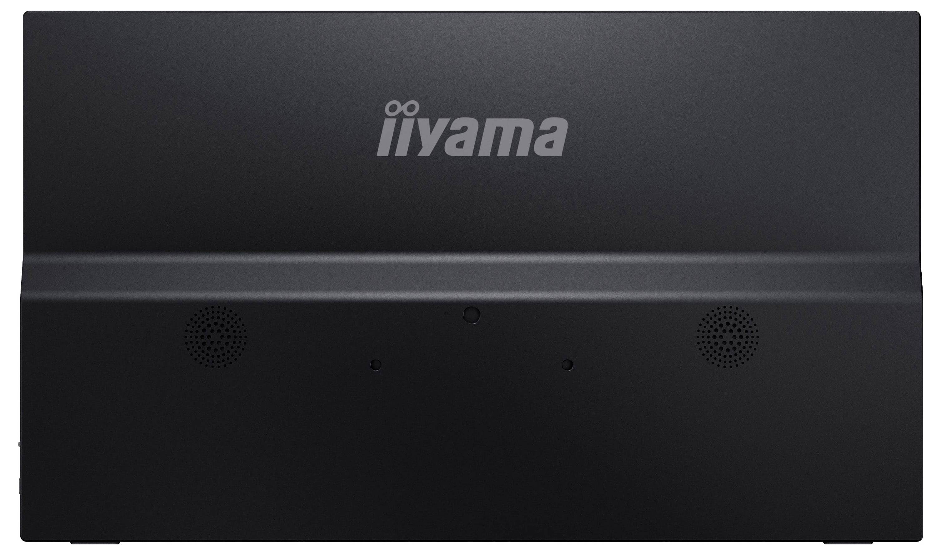 Achterkant van een zwarte iiyama-monitor met zichtbare speakerroosters en logo gecentreerd nabij de bovenkant.