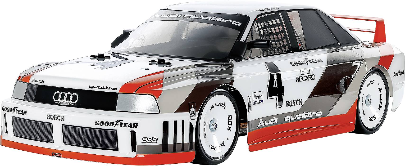 Een gedetailleerd model van een witte racewagen met het nummer '4' en logo's van Audi, Bosch en Goodyear, voorzien van een achterspoiler en een strak design.