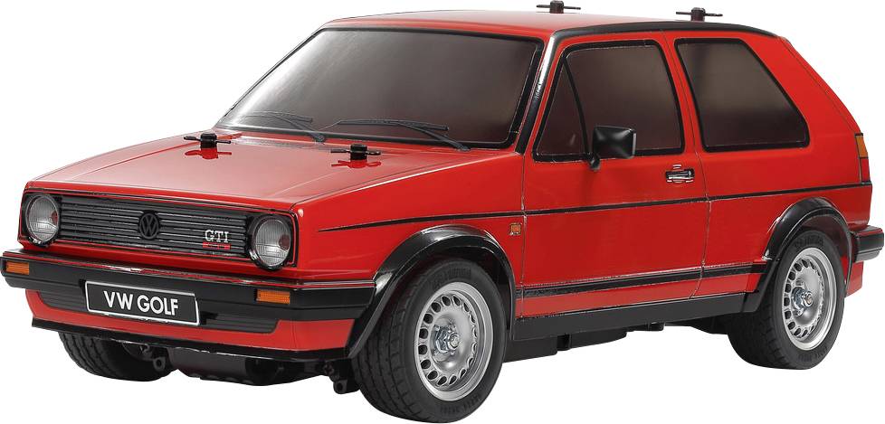 Een rode klassieke VW Golf GTI modelauto die naar links is gericht, met zwarte details en onderscheidende sportieve designelementen.