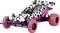 Een op afstand bestuurbare strandbuggy met een polka dot patroon, roze en paarse accenten, en grote, ruwe roze achterwielen, tentoongesteld tegen een witte achtergrond.