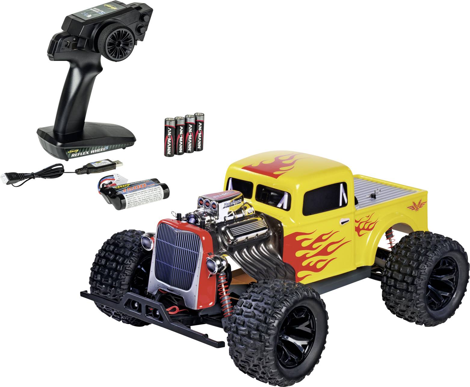 'RC monstertruck speelgoed met vlammen decals, zwarte afstandsbediening, oplaadbare batterijset, oplaadkabel en AA-batterijen inbegrepen.'