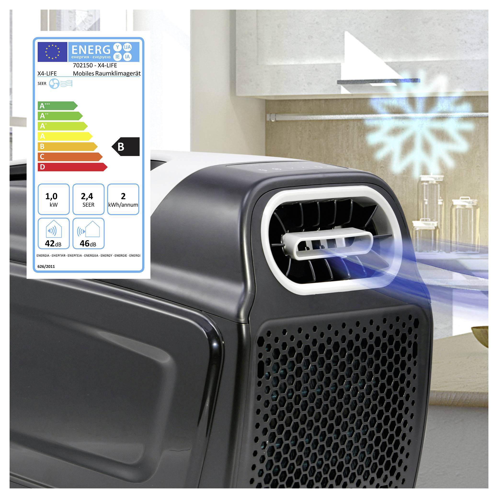 Een draagbare airconditioner in een huiselijke omgeving met een Europees energielabel met classificatie B, wat op matige efficiëntie wijst.
