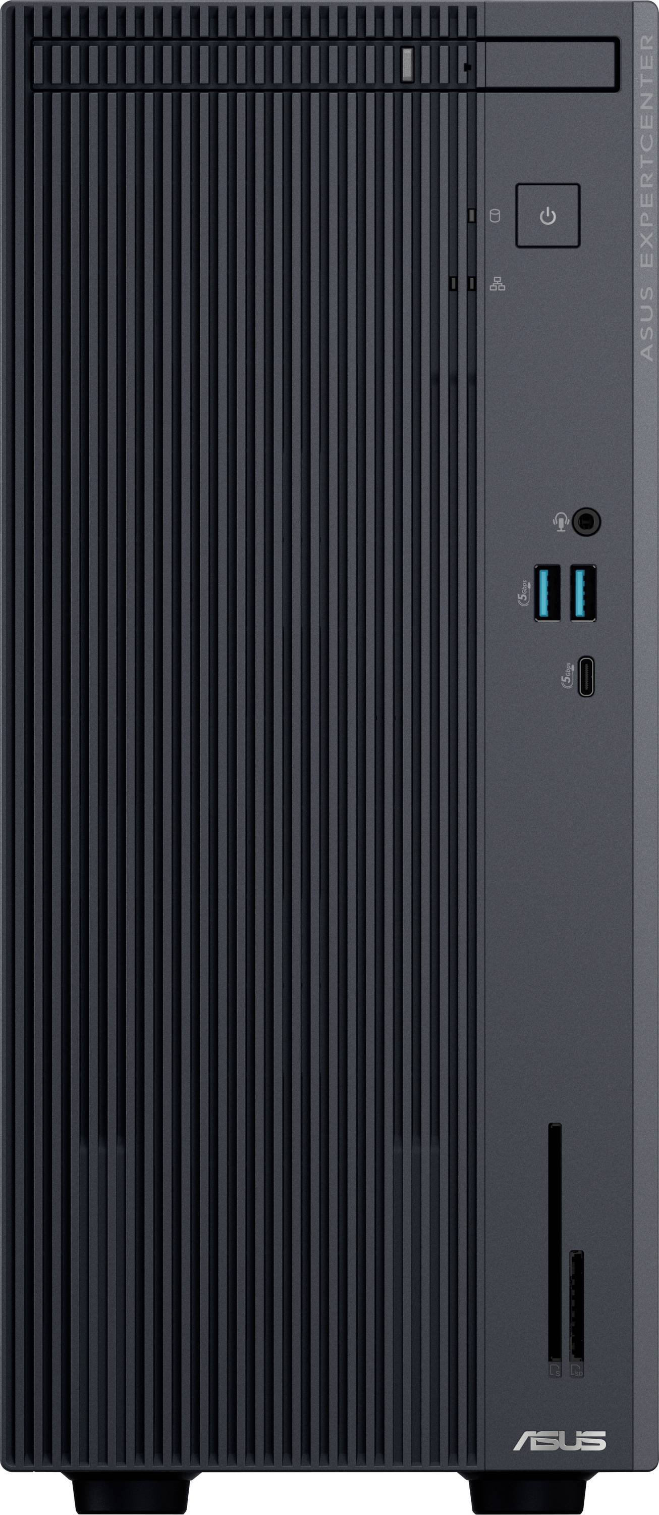 Een zwarte desktop computertoren met verticale groeven, USB-poorten, een aan/uit-knop en ASUS-branding op het voorpaneel.