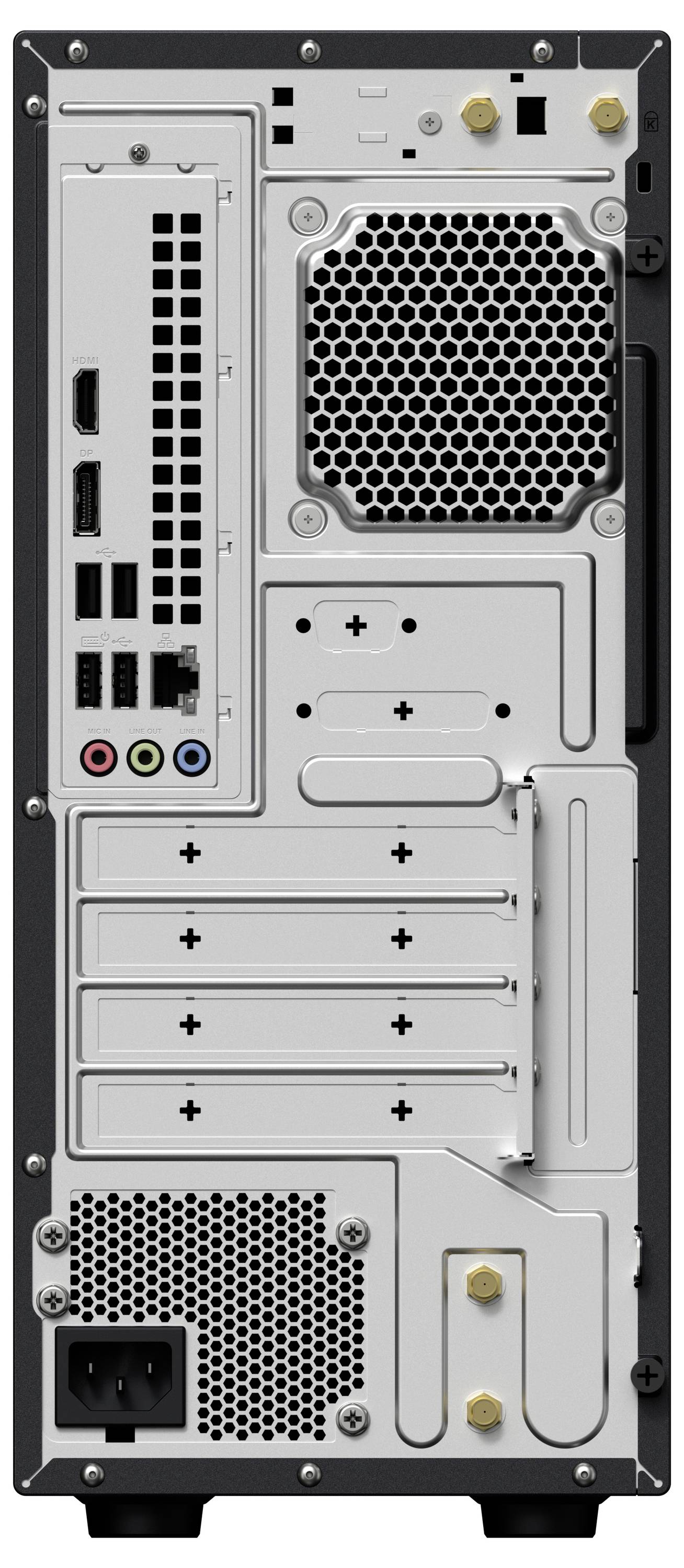 'Achterpaneel van een computertoren met verschillende poorten zoals HDMI, USB en audio-aansluitingen, met ventilatierooster en uitbreidingssleuven.'