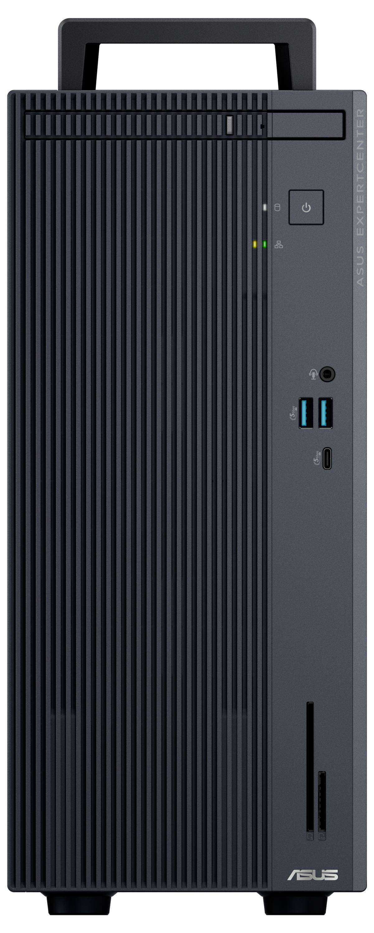 Een desktopcomputer-toren met verschillende poorten en een aan/uit-knop aan de voorkant, geschikt voor algemene computertaken.